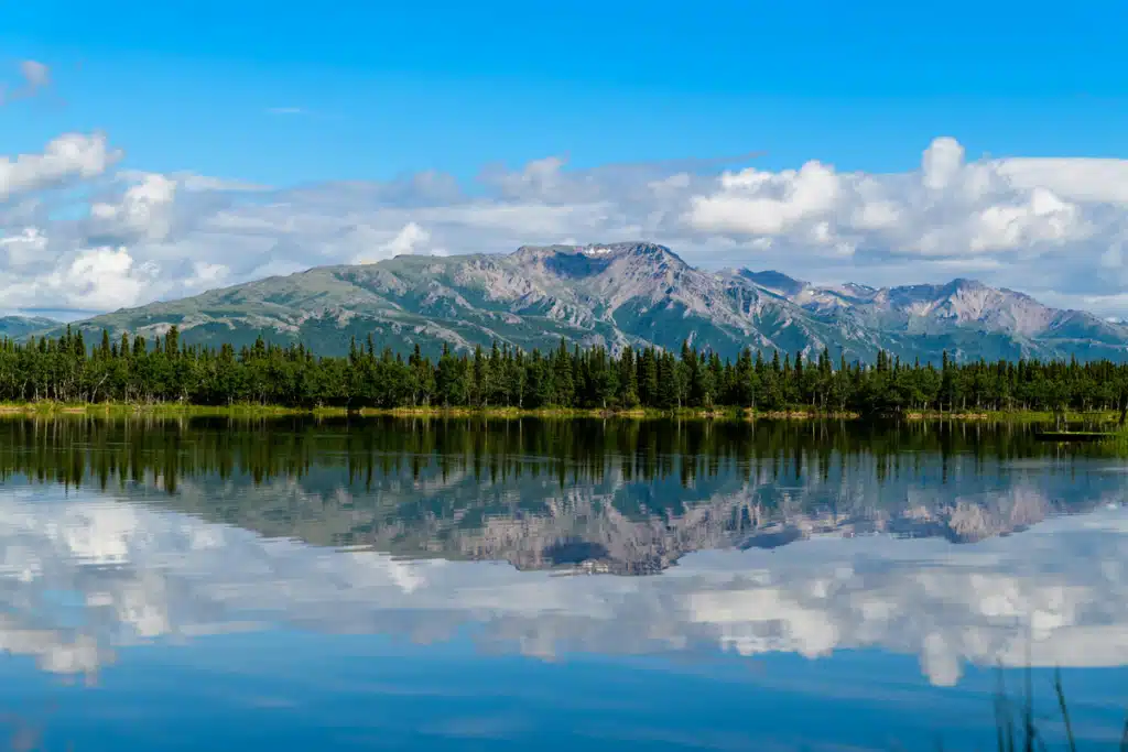 A lake in Alaska is reflecting mountains and trees under a blue sky.