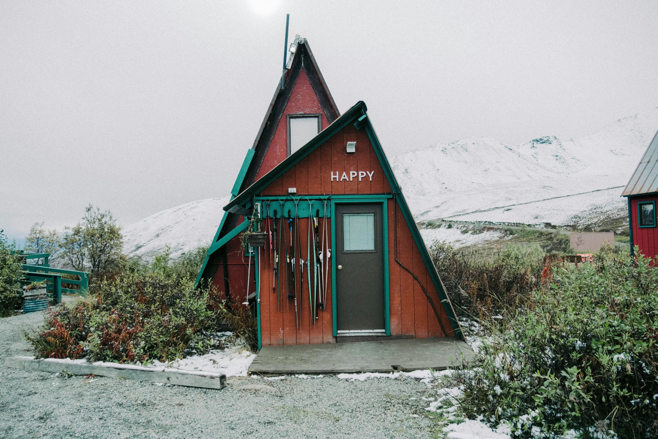 A wooden A frame cabin in Denali, Alaska, where shipping household goods from mainland USA can be difficult.