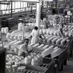 Ein Vintage-Schwarz-Weiß-Foto von einigen Töpfern bei der Auftragserfüllung in einer Fabrik.