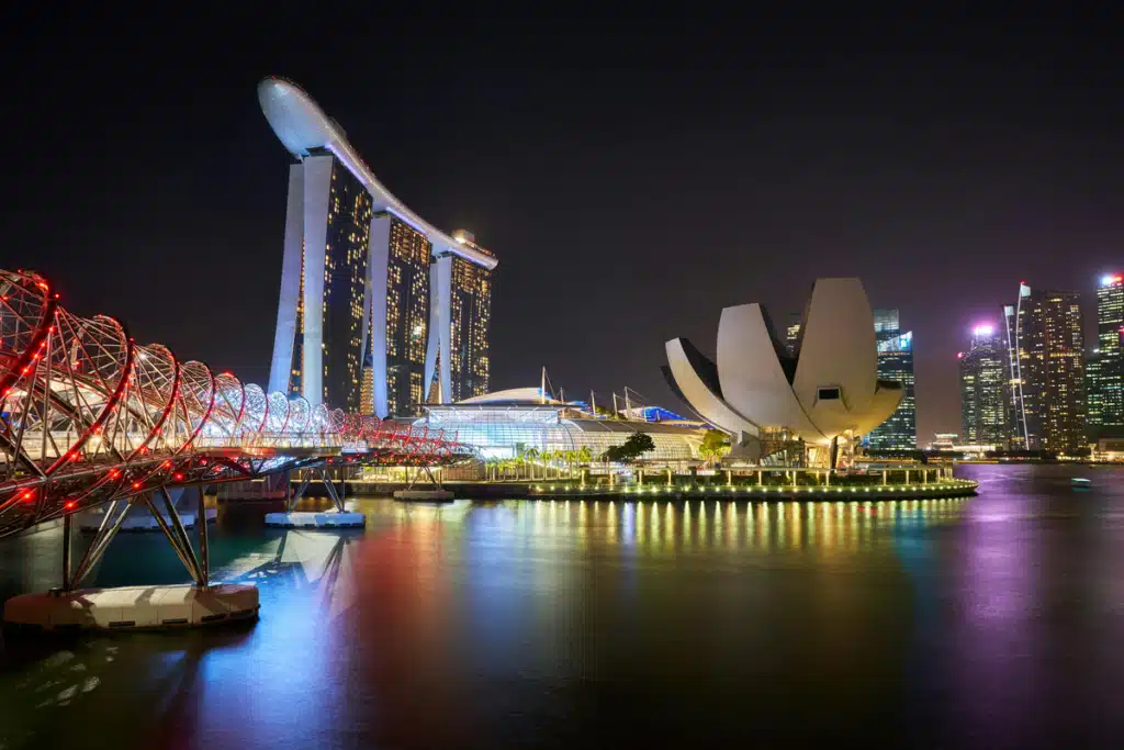 Singapore's waterfront is lit up at night.