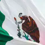 Mexico's flag, zoomed in to the centre. It is flying in the wind.