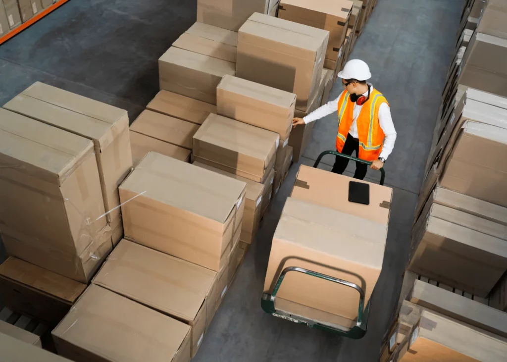 A warehouse worker is moving and organizing large boxes. They need to understand if you can ship aerosol cans before they are sent out, because boxes are labelled to flag these if they're inside.