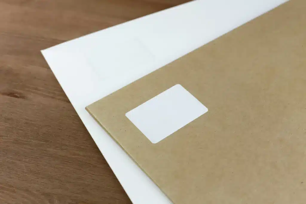 A compostable mailer envelope and a piece of paper are on a desk.