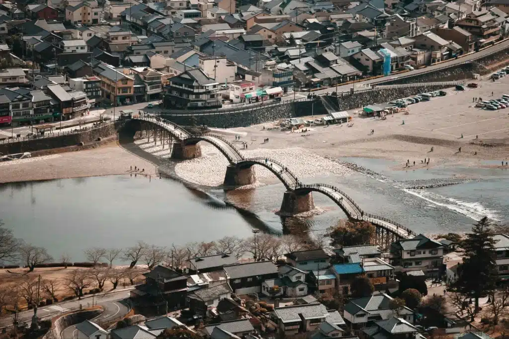 A bridge in Japan that leads to Iwakuni marine base housing.