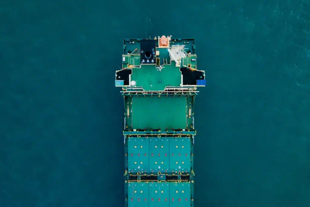 An aerial view of a cargo ship, shipping from the US to Japan.