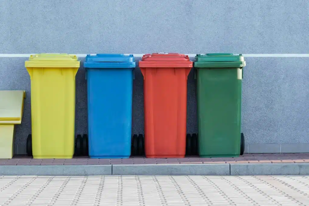 A line of yellow, blue, red, and green recycle bins are against a blue wall.