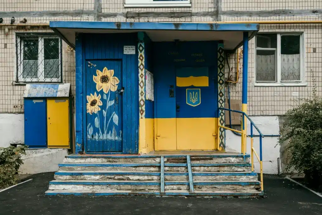 A yelloow and blue building in Kiev, Ukraine. Ship to Kiev from US with PostFromUS to see American goods on doorsteps just like this!