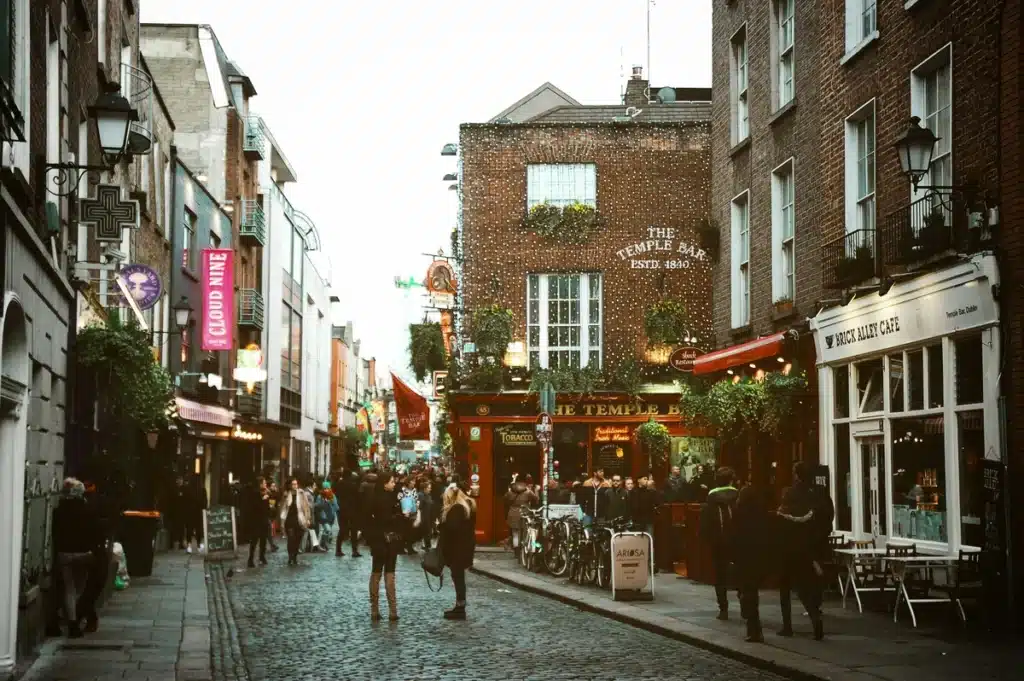 A busy street in an old city in Ireland, where shipping from the USA is more accessible. 