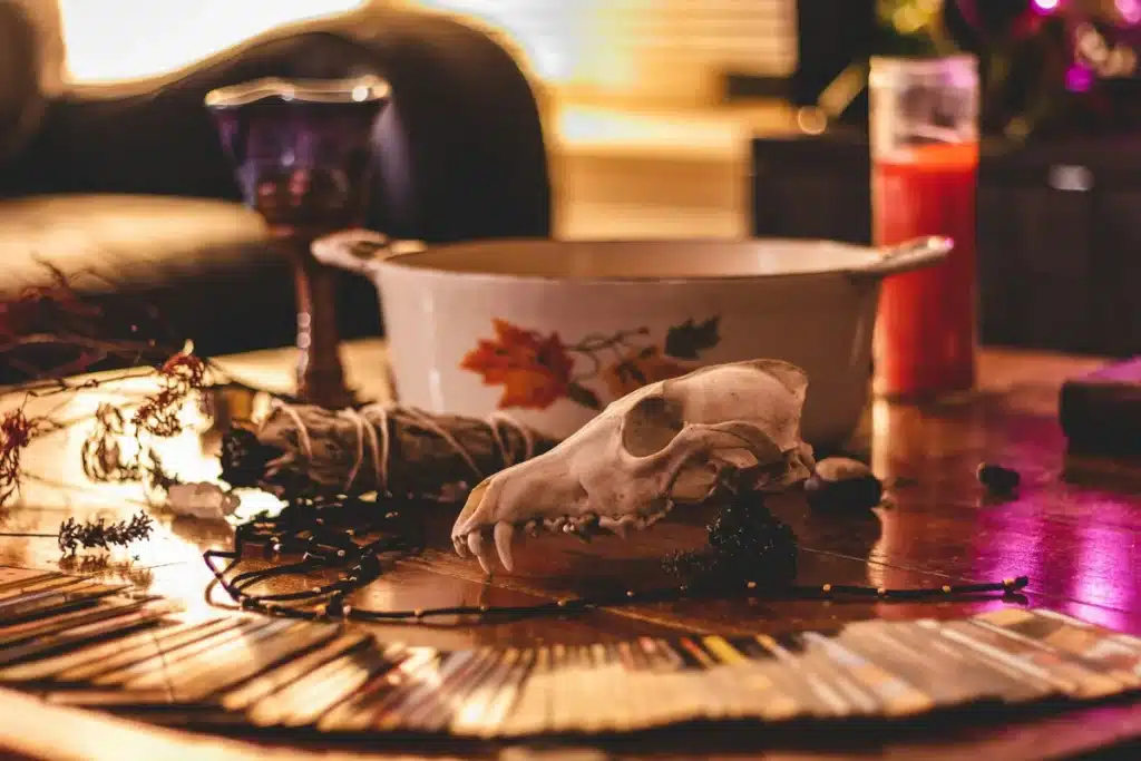 A low light setting, there is a coffee table featuring an animal skull, candle, tarot cards, and a unique Halloween candy dish with fall leaves on it.